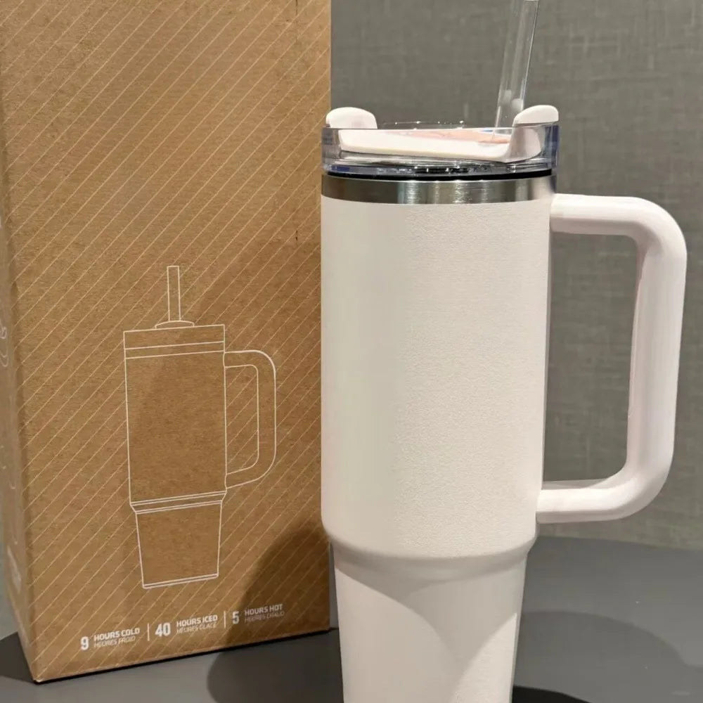 Stainless Steel Vacuum Insulated Car Cup with Dual Straw Lid, Thermal Icy Travel Handle 40oz New