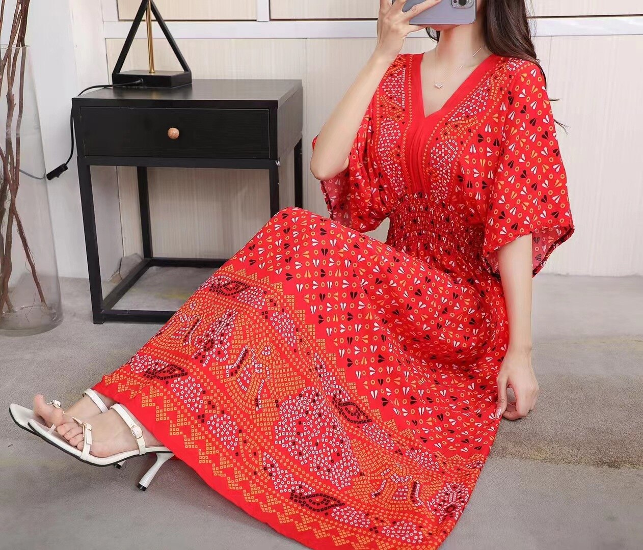 Summer Poplin Dresses Women Round Neck Puff Short Sleeve A Line Print Dresses Ethnic Style Tight High Waist Long Dress 2023