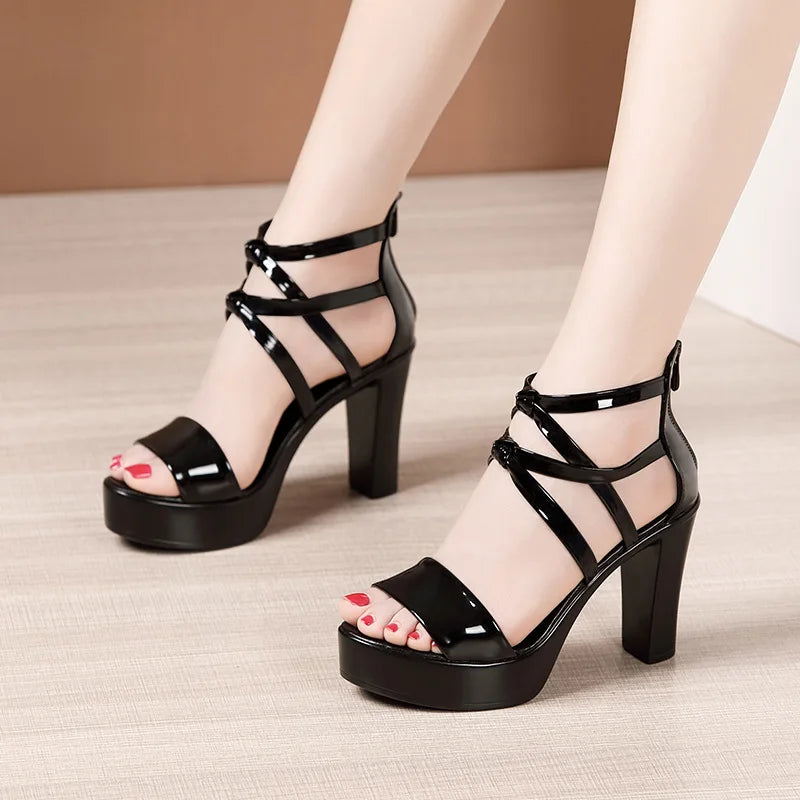 Big Size 32-43 Block Heel Platform Sandals Women Wedding Shoes 2023 Summer High Heels Gladiator Sandals Patent Leather Sandals