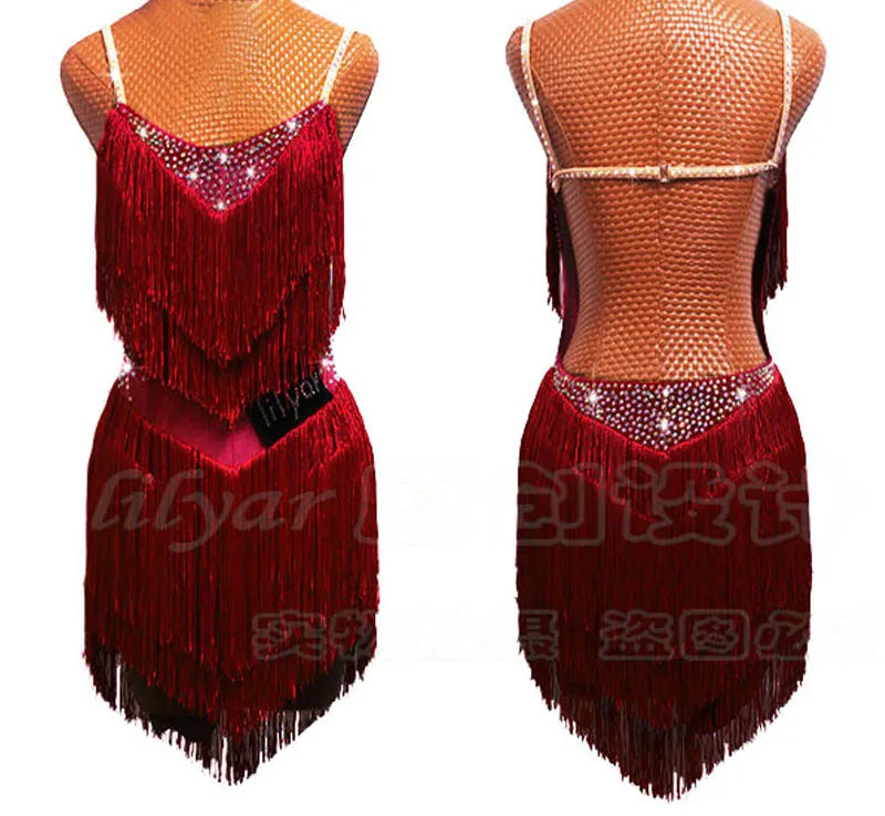 Latin Dance Dress Competition Costumes Skirt Performing Rhinestones Adult Children Tassel Various Color Red  White