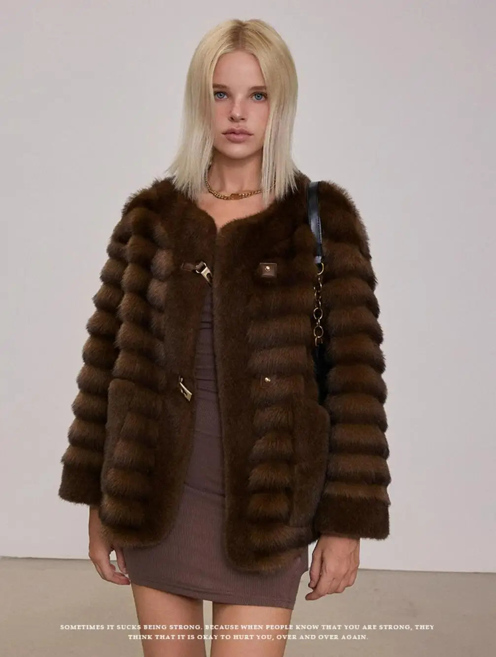 Winter Contrast Color Brown Horizontal Strip Faux Mink Fur Coat Women O neck Front Buckle Buttons Loose Thick Short Outerwear