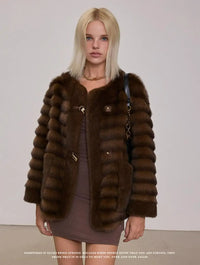 Winter Contrast Color Brown Horizontal Strip Faux Mink Fur Coat Women O neck Front Buckle Buttons Loose Thick Short Outerwear