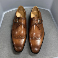 Men's Luxury Genuine Leather Wingtip Oxfords Italian Monk Strap Buckle Brogue Dress Shoes for Business Wedding Formal Wear