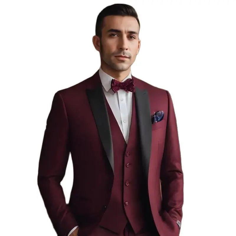 Luxury Burgundy Men's Blazer Black Peaked Lapel Single Breasted Wedding Male Suits 3 Piece Jacket Pants Vest Regular Outfits