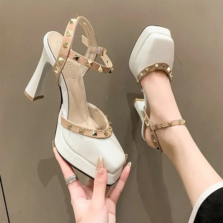 rivet platform heels sandals Mary Jane Shoes Buckle Pumps Women Elegant Shallow Square Toe Footwear Outdoor Lady Shoes white