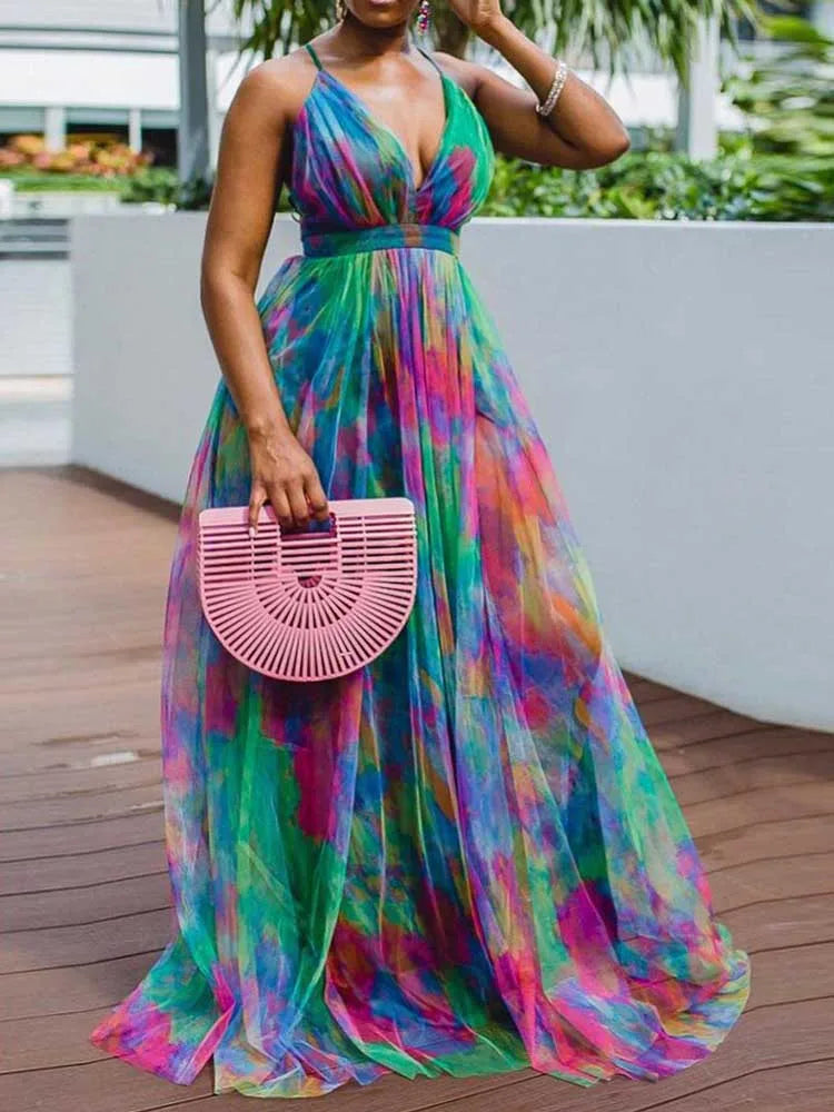 Plus Size Women Clothing 2xl 3xl 4xl 5xl Summer Sexy Evening Dresses Elegant and Beautiful Halterneck Long Dresses Mesh Hem