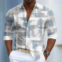 Men's shirt with simple geometric lines printed in contrasting colors, loose long sleeved top, daily casual versatile shirt