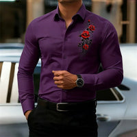Men's long-sleeved shirt, featuring a vintage red rose print design.  A stylish business casual shirt and fashionable men's top.