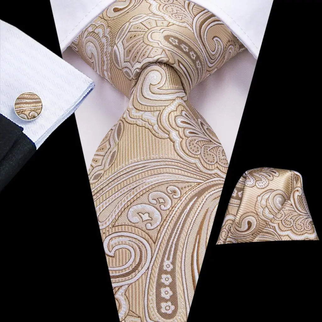 Hi-Tie Champagne Floral Paisley Silk Elegant Tie For Men Groom Wedding Men Necktie Pocket Square Cufflink Accessory Wholesale