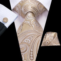 Hi-Tie Champagne Floral Paisley Silk Elegant Tie For Men Groom Wedding Men Necktie Pocket Square Cufflink Accessory Wholesale