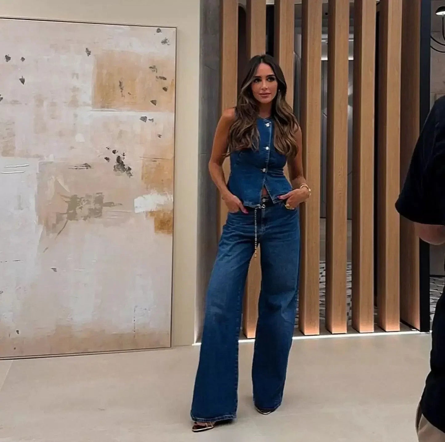 Jeans 2 Piece Set Women Streetwear Outfits Denim Vest Sleeveless Single Breasted Distressed Wide Leg Pants  Casual Ensemble