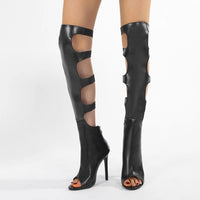 Liyke Sexy Peep Toe Zip Hollow Out Thigh High Boots Women Ballroom Latin Modern Tango Jazz Dancing Shoes Stiletto Heels Black