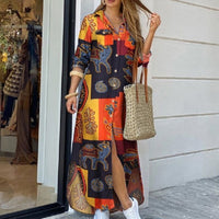 Women Long Sleeve Shirt Dress Summer Casual Boho Printed Dresses Fashion Single Breasted Button Party Female Maxi Dress Vestidos