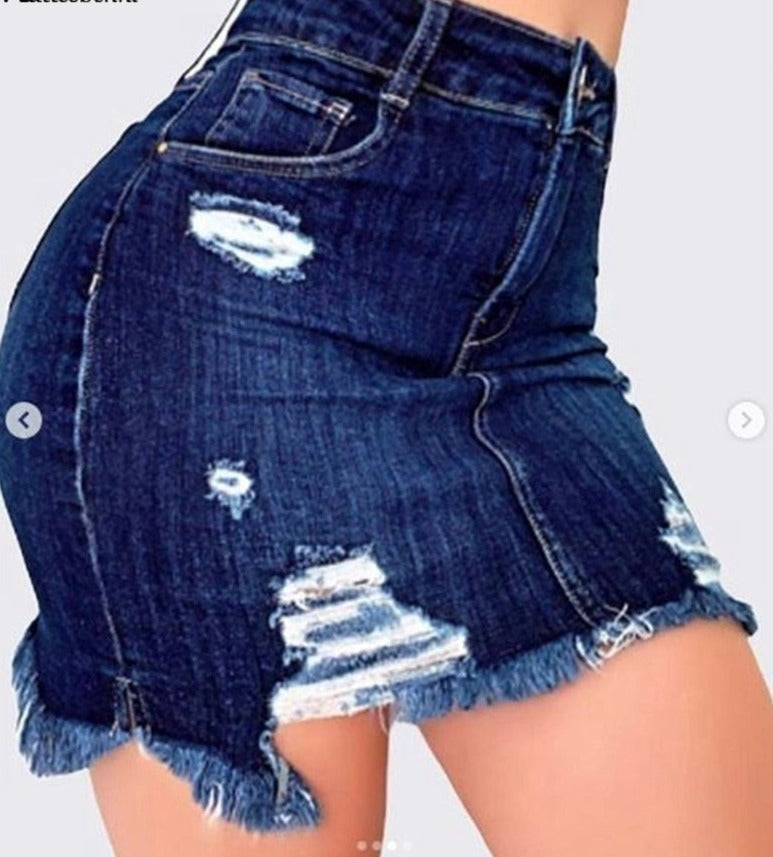 Sexy Women Fashion Denim Skirt Ripped Hip Distressed High Waist Button Denim Pencil Skirts