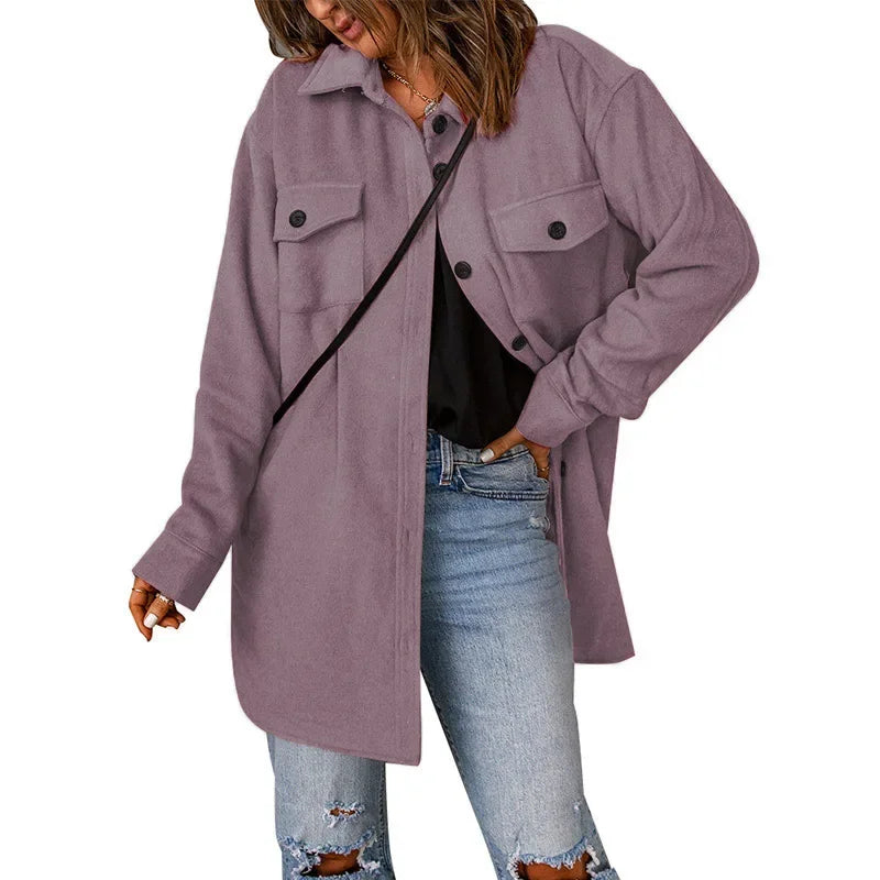 Winter Women Woolen Coat Top Elegant New 2024 Fashion Long Sleeve Turn Down Collar Single Breated Pocket Loose Jacket Outwear