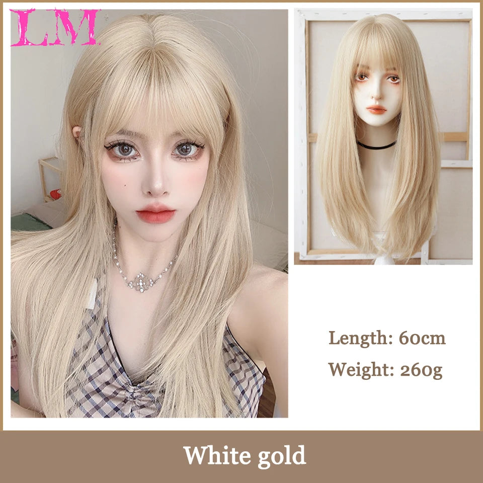 LM Synthetic Black Wig with Long Ponytail Short Straight Wig Lolita Cosplay Party Harajuku Blonde Wig With Bangs for Women