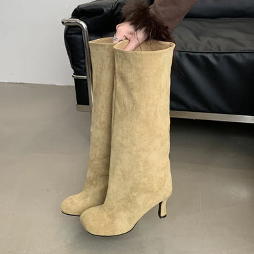 Autumn Winter Round Toe Women Knee-High Boots Punk Style Thin High Heels Shoe Comfort Faux Suede Female Long Booties botas mujer
