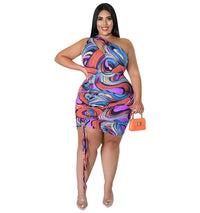 Multicolored Stripes Printing Dress Woman Sexy Hollow Out One Shoulder Sleeveless Drawstring Party Bodycon Dress Summer