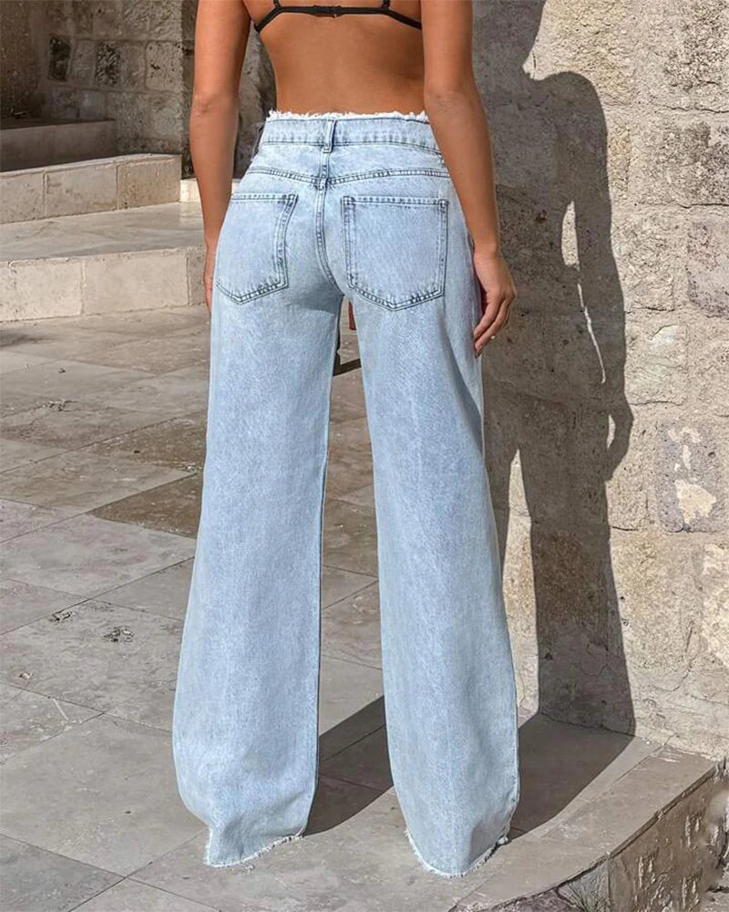 Women's Designer Raw Hem High Waisted Wide Leg Jeans 2025 New Slimming Floor-Length Casual Trousers Loose Fit Trendy