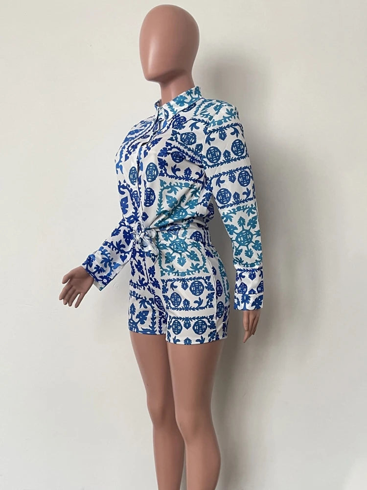 2 Pieces Set Sexy Dashiki African Fashion Women Set Female Tops Stripe Print Long Sleeve Shirt And Elastic Waist Shorts Suit