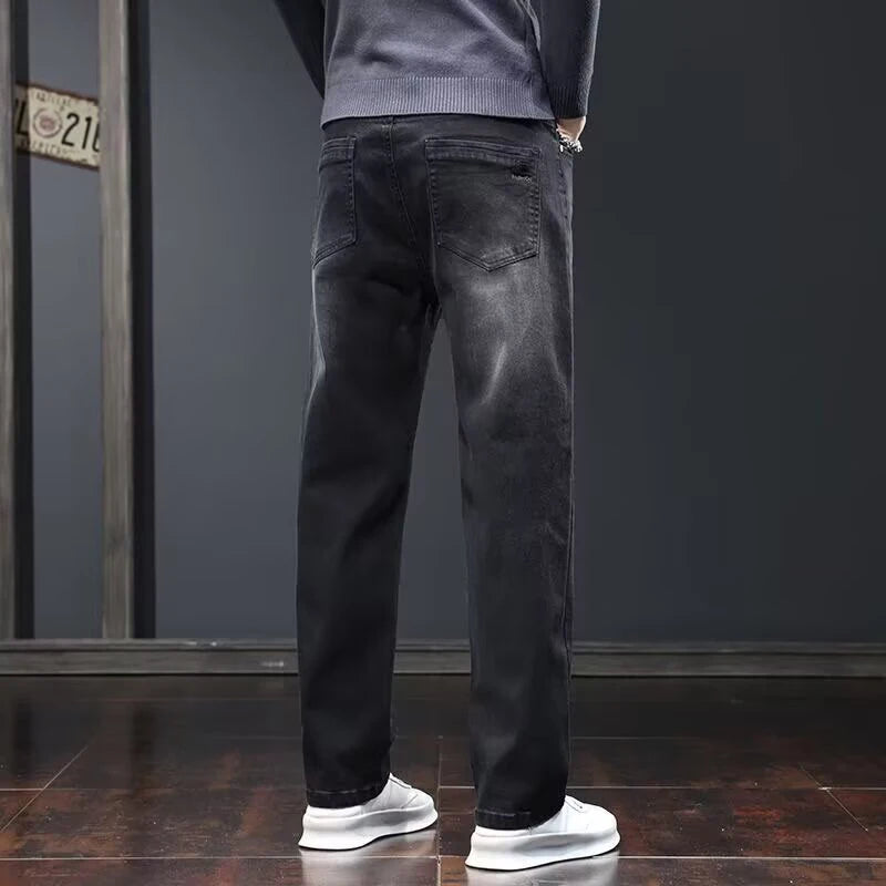 2025 New Men Fashion Loose Straight Elasticity Jeans Male Wear-Resistant Look Taller Denim Pants Smart Casual Dark Gray Trousers