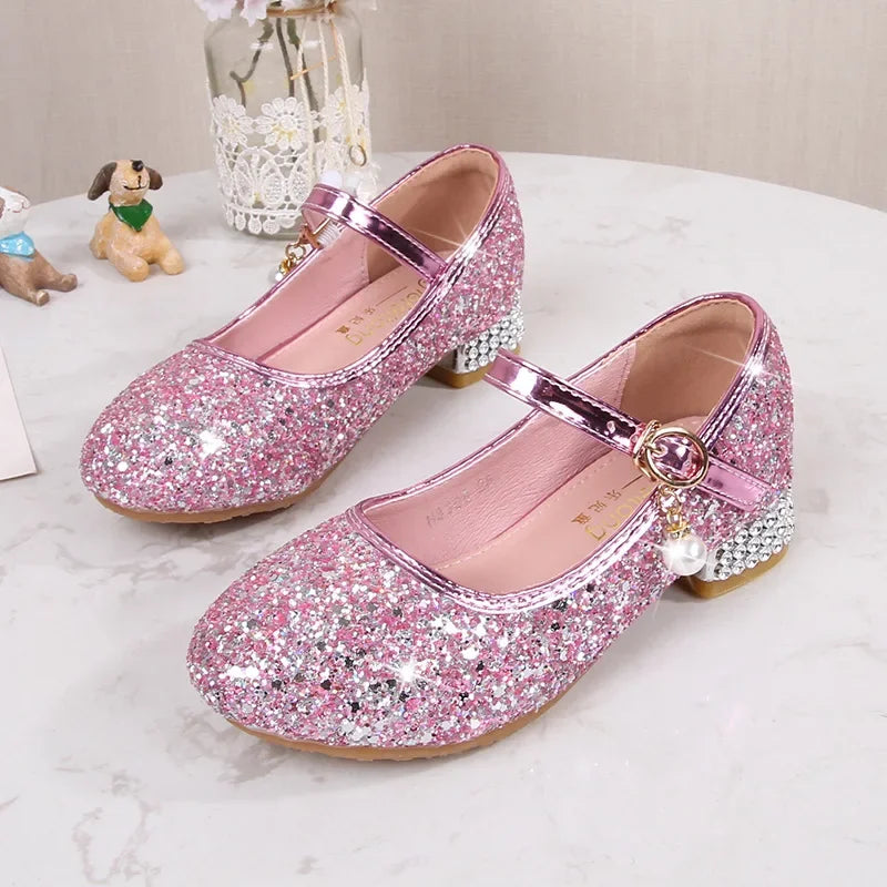 Zhongda Girls' Fashion Show Crystal Shoe New Versatile Mary Jane Fashion Sequins Walk Princess Shoe School Shoes for Kid Girls