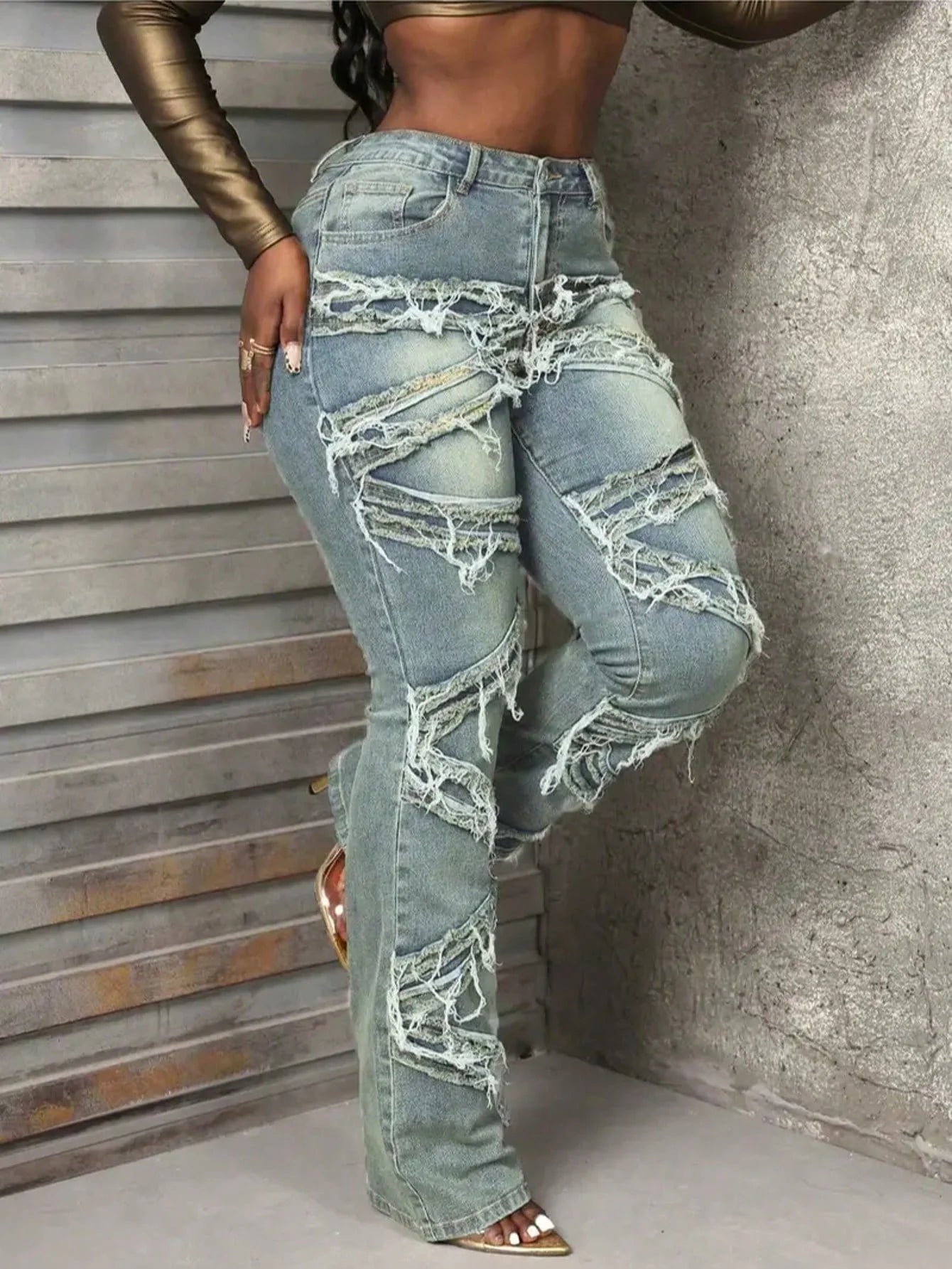 Y2K 90s Street Style Women's Vintage Fringed Distressed Flare Jeans - High Stretch Unique Tassel Design Hip Hop Fashion for All