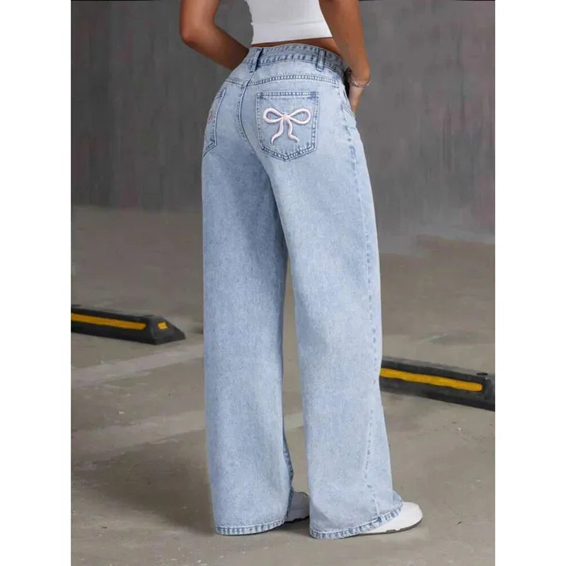 Women Jeans Embroidery High Waist Distressed Washed Pockets Vintage Floor Length Trousers 2025 Denim Wide Leg Pants Streetwear