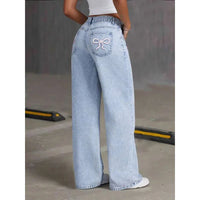 Women Jeans Embroidery High Waist Distressed Washed Pockets Vintage Floor Length Trousers 2025 Denim Wide Leg Pants Streetwear