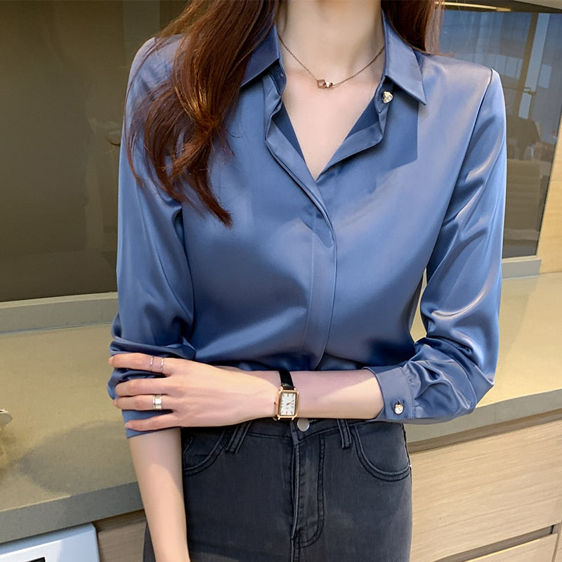 Silk Shirts Women Long Sleeve Shirts Blouses for Women Satin Clothing Office Lady Solid Silk Shirt Blouse Tops  17276