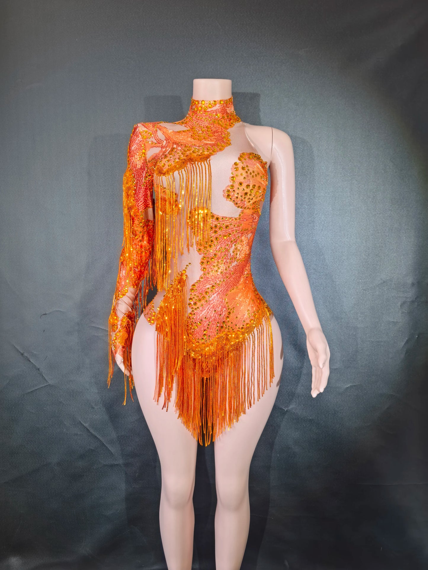 Sexy Skinny Leotard Singer Dancer Show StageWear Sparkly Blue Rhinestones Women DanceCostume Fringes One Shoulder Bodysuit  7G