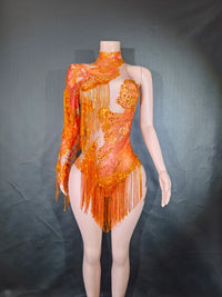 Sexy Skinny Leotard Singer Dancer Show StageWear Sparkly Blue Rhinestones Women DanceCostume Fringes One Shoulder Bodysuit  7G