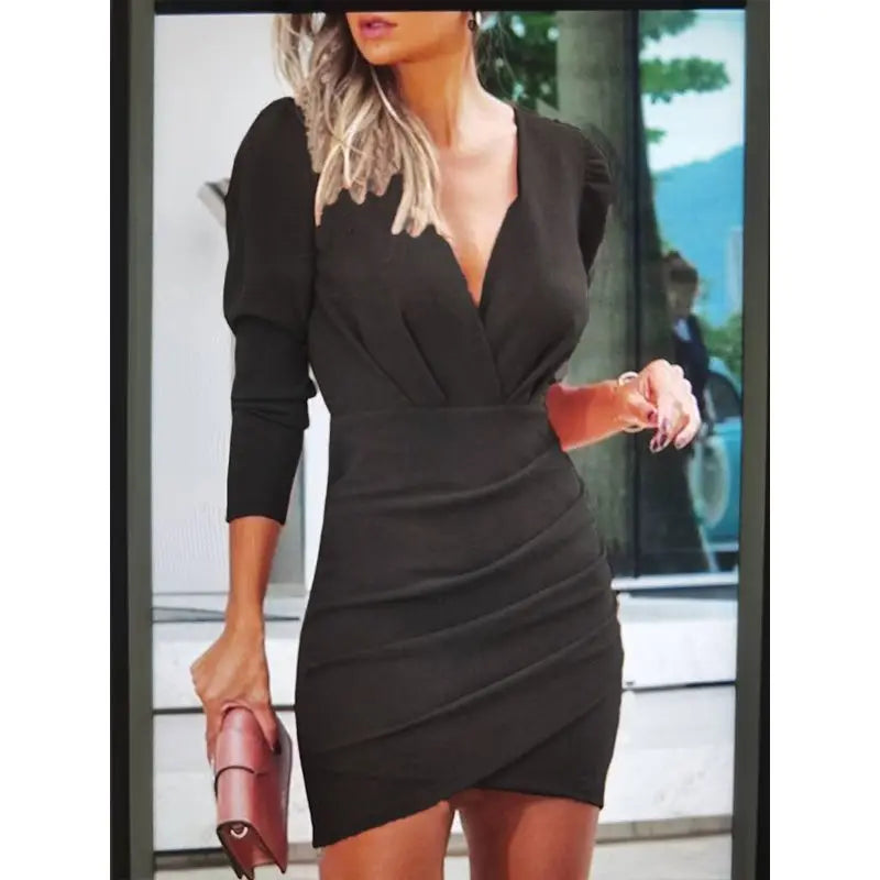 2024 burst waist show thin solid color v-neck long sleeve tight skirt folk wind nightclub dress woman