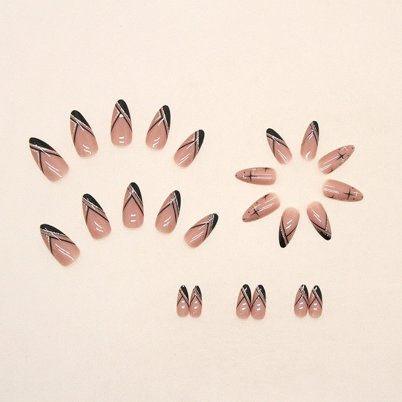 24Pcs Long Round Head Black Glod Line Press On Nail Art Removable Fake Nails With Glue Full Cover Waterproof False Nails