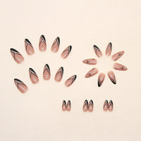24Pcs Long Round Head Black Glod Line Press On Nail Art Removable Fake Nails With Glue Full Cover Waterproof False Nails