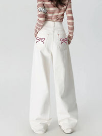 White wide-leg jeans  new style for autumn 2025  Back pocket with bow embroidery  Loose fit   slimming and with good drape