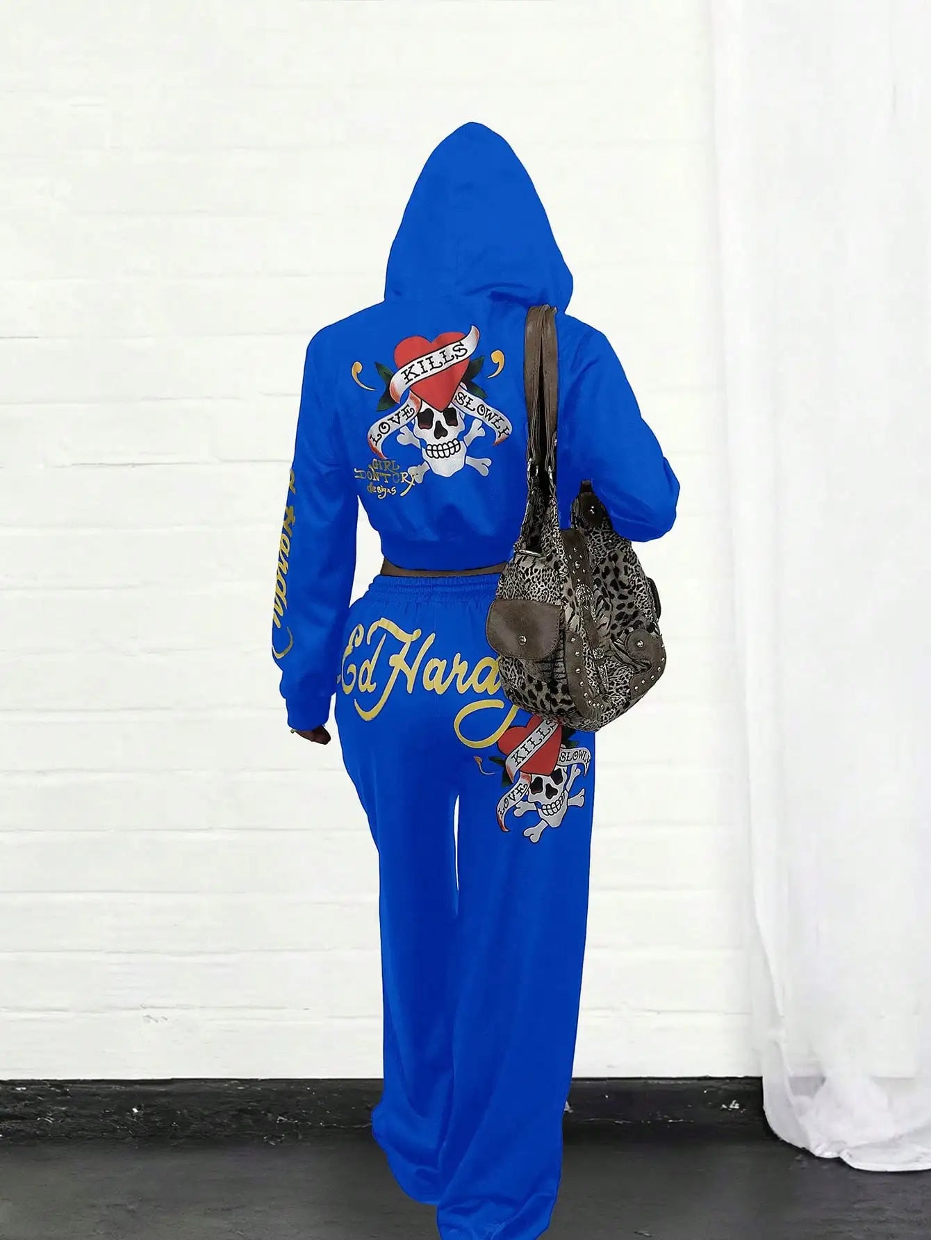 Ed Hardy Skull & Heart Print Cropped Hoodie and Wide Leg Pants Set - Gothic Streetwear