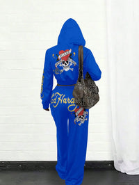 Ed Hardy Skull & Heart Print Cropped Hoodie and Wide Leg Pants Set - Gothic Streetwear