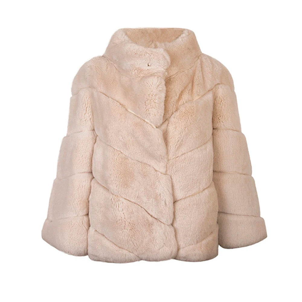 Furyoume Winter Real Rex Rabbit Fur Coat Women Short Fur Jacket Natural Chinchilla Fur Coats Fashion Streetwear Outerwear