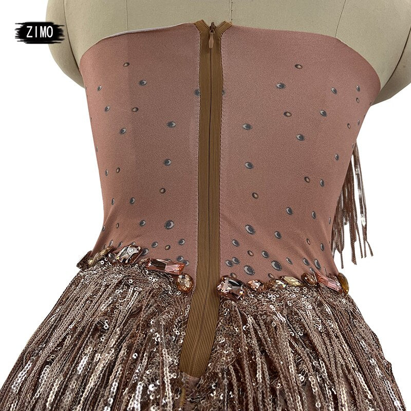 Sparkly Rhinestones sequin Fringes Leotard Sexy Tassel Bodysuit women gold Latin Dance Costume Stage Dancer DS Performance Show