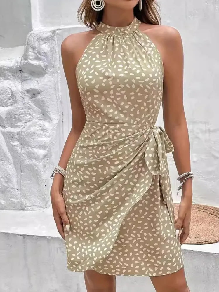 Women's Print Floral Dress Fashion Elegant Sexy Sleeveless Neck-mounted Mini Dresses Lady Summer Casual Beach Party Dress Femmes