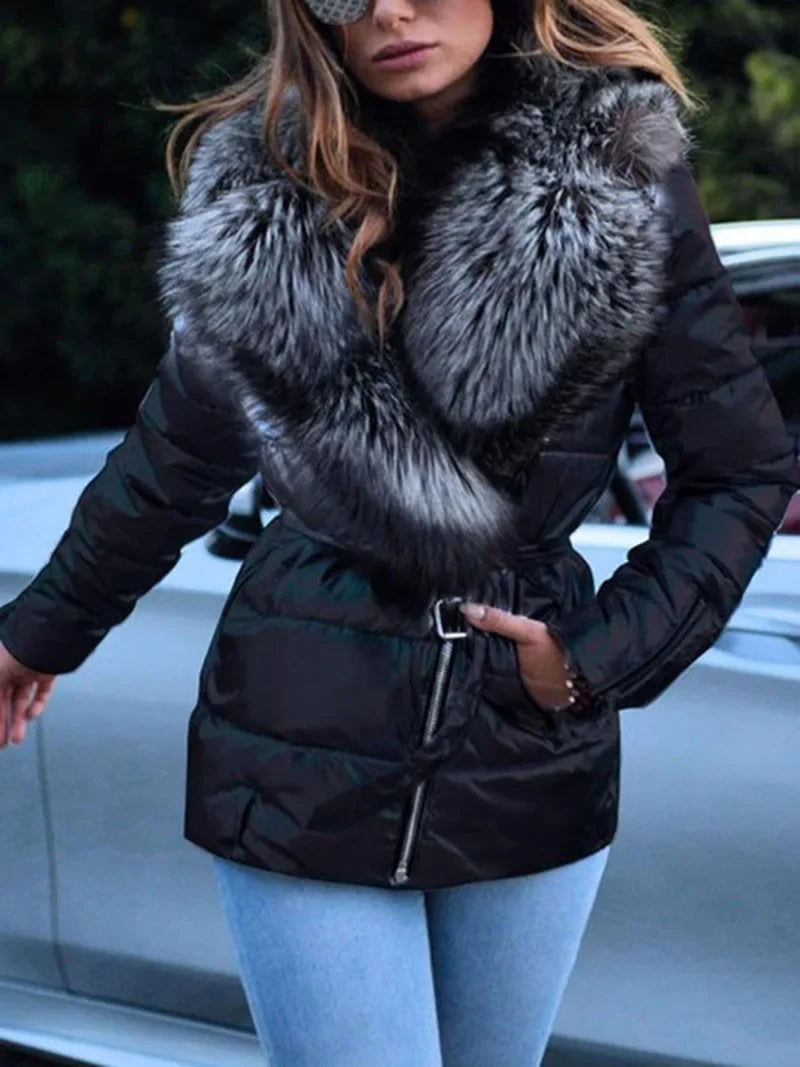 Winter Coat Women Bright Surface  Large Collar Short Down Cotton Jacket Punk Style Slim