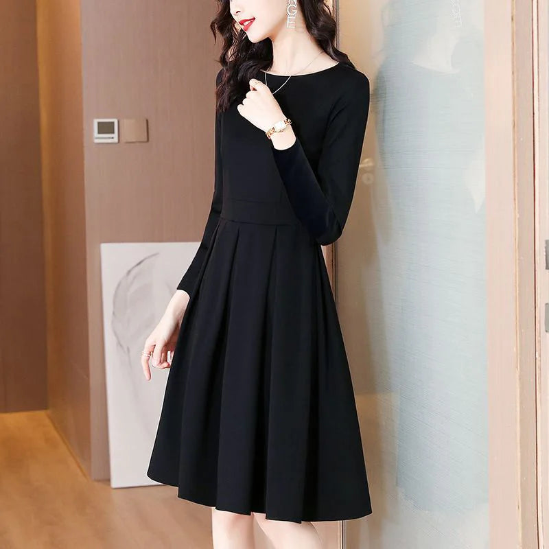 Elegant O-Neck Solid Color Spliced Loose Folds Mini Dress Women's Clothing 2023 Autumn New Oversized Office Lady Princess Dress