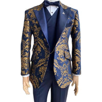 Jacquard Floral Tuxedo Suits for Men Wedding Slim Fit Navy Blue and Gold Gentleman Jacket with Vest Pant 3 Piece Male Costume