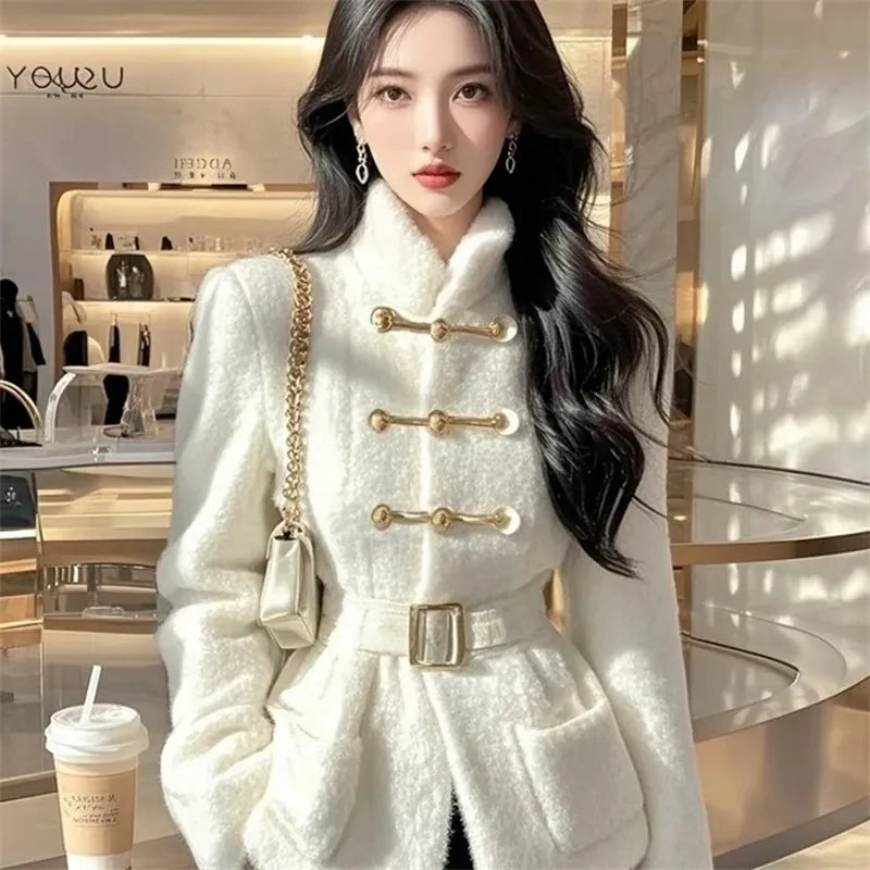 Winter Coat Women White Fashion Waistband Pocket Jacket Lambswool Coats Outwear 2025 Female Sense Design Keep Warm Overcoat