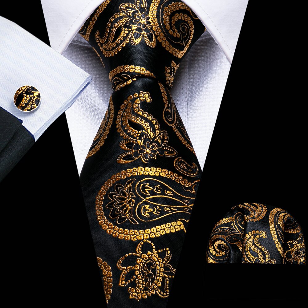 Retro Orange Floral Men Tie Set Silk Jacquard Necktie Wedding Business Handkerchief Cufflinks Tie Barry.Wang Designer FA-5346