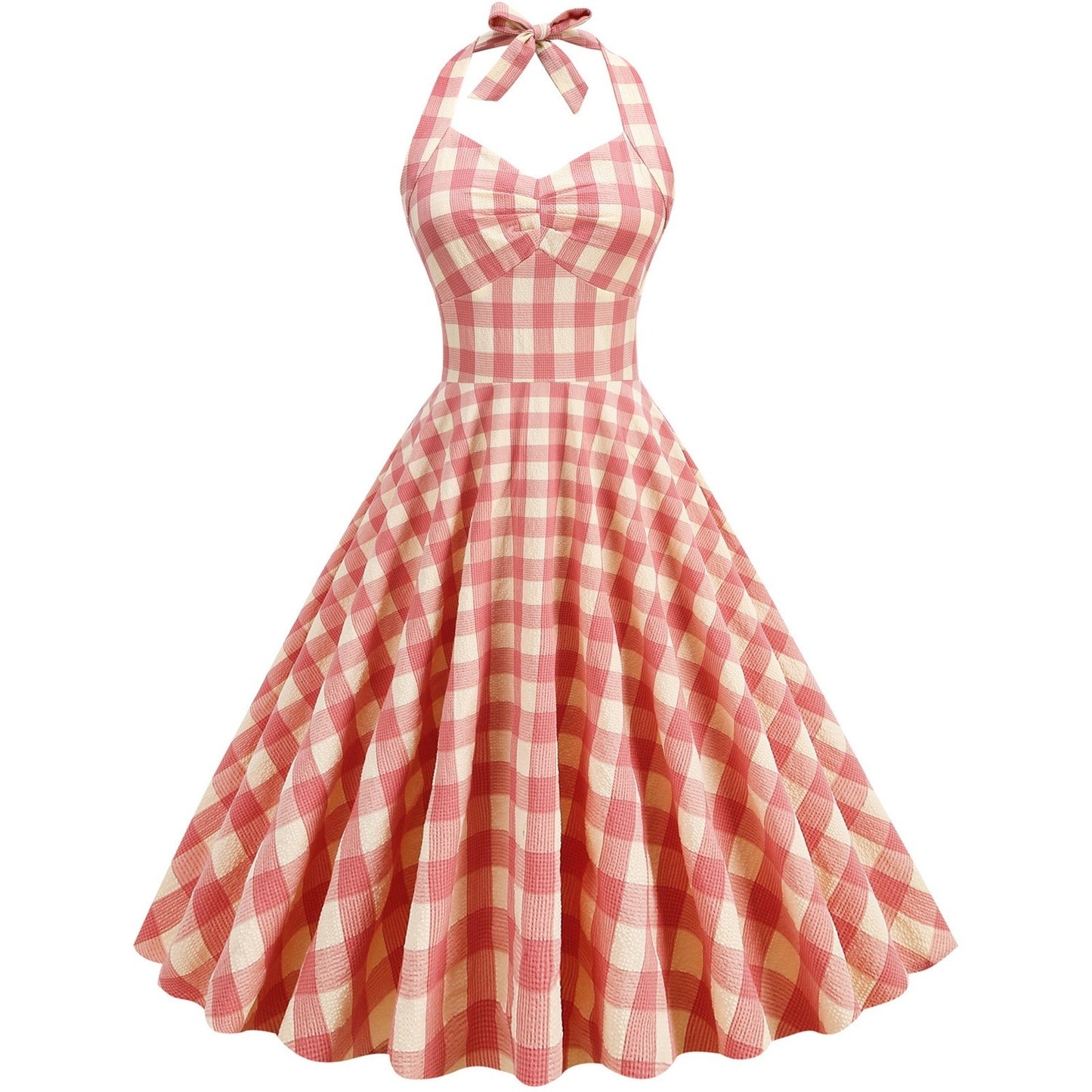 High Waisted Plaid Cocktail Dress Backless Sexy Mid Length Dress Vintage 1950s Hepburn Strapless Swing Retro Halter Dresses