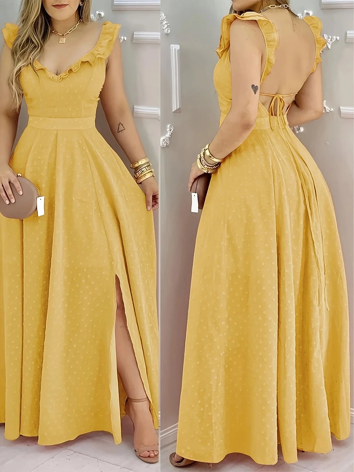 Women's Yellow Polka Dot Maxi Dress Ruffled Neckline Back Tie Side Slit Ideal for Summer Vacations and Bohemian Gatherings