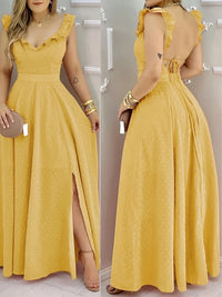 Women's Yellow Polka Dot Maxi Dress Ruffled Neckline Back Tie Side Slit Ideal for Summer Vacations and Bohemian Gatherings
