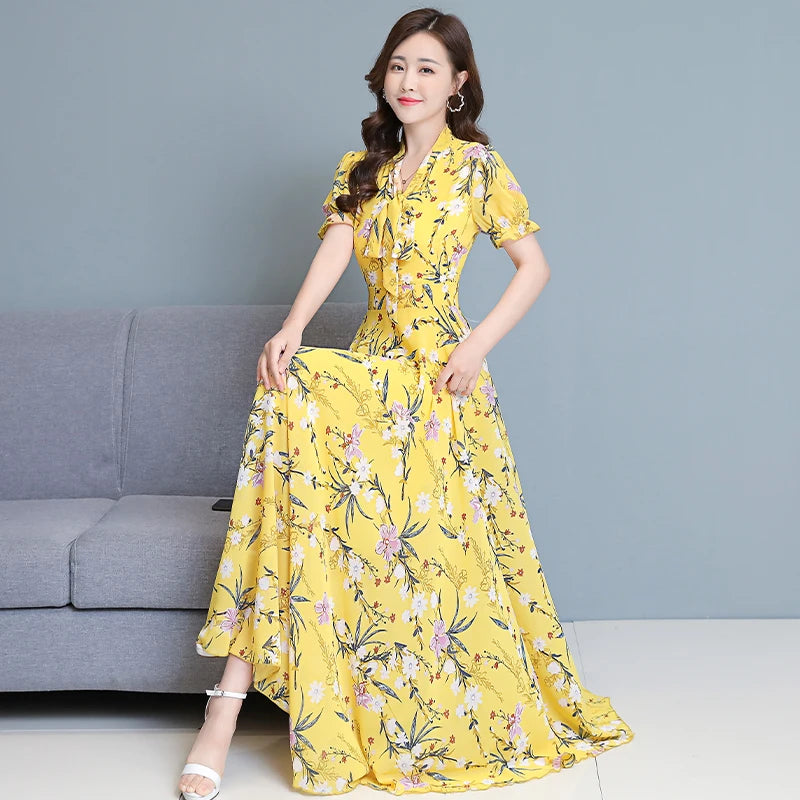 Bohemian Dresses For Women 2023 Fashion Elegant Short Sleeve Holiday Beach Chiffon Maxi Dress Yellow Vintage Floral Long Dress